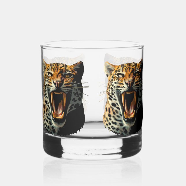 Leopard roaring attack head whiskey glass (Front)