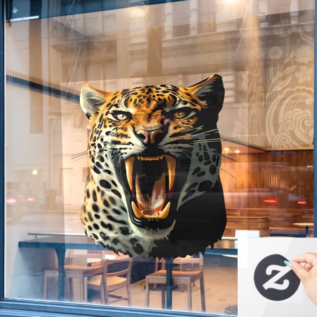 Leopard roaring attack head window cling (Cafe Window)