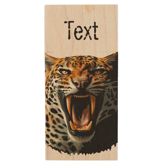 Leopard roaring attack head wood flash drive (Front Vertical)