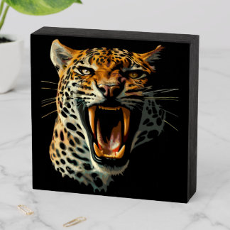 Leopard roaring attack head wooden box sign