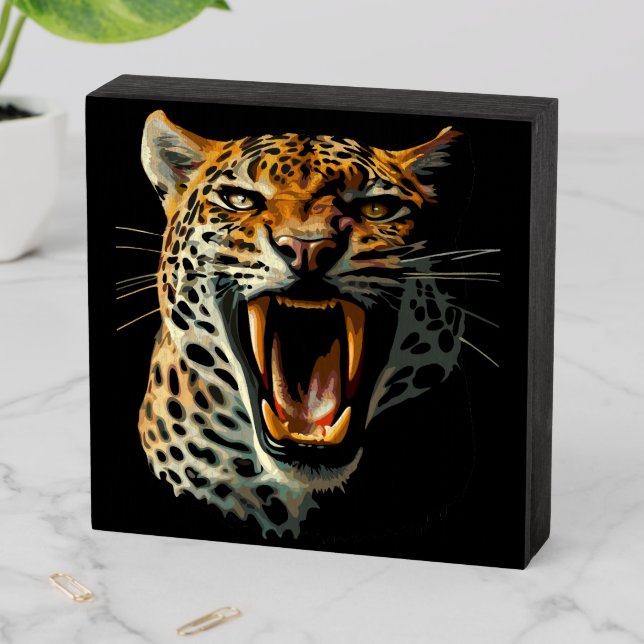 Leopard roaring attack head wooden box sign (In Situ Horizontal)
