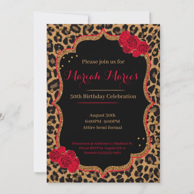 Leopard & Roses Birthday Invite (Front)
