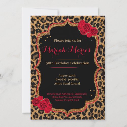 Leopard  Roses Birthday Invite