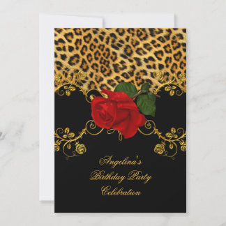 Leopard Roses Red Black Gold Birthday Party 2 Invitation