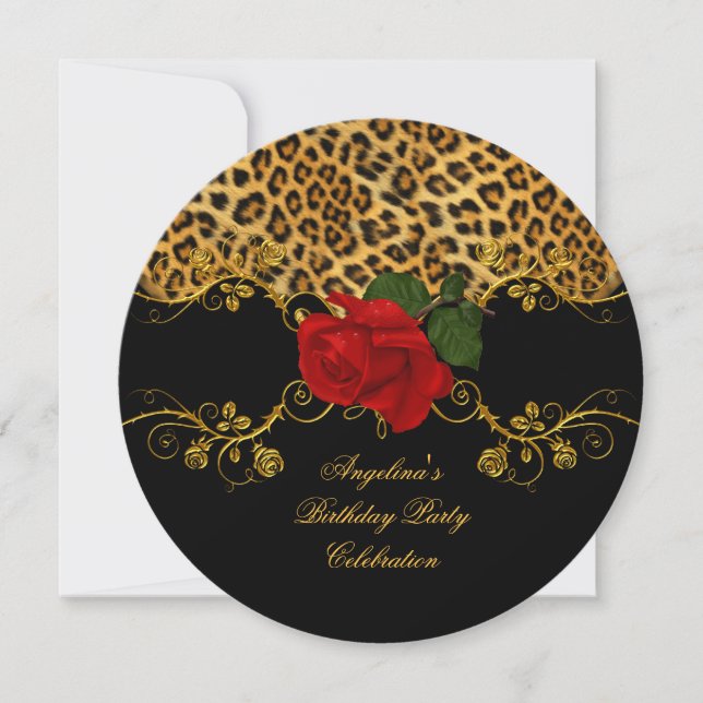 Leopard Roses Red Black Gold Birthday Party 2 Invitation (Front)