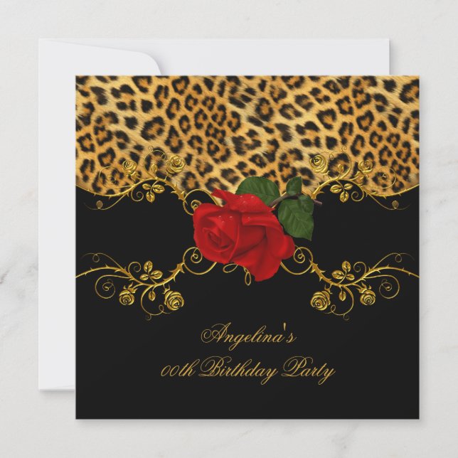 Leopard Roses Red Black Gold Birthday Party 2 Invitation (Front)