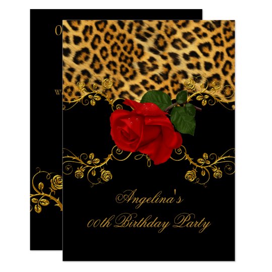 Leopard Roses Red Black Gold Birthday Party 2 Invitation | Zazzle.com
