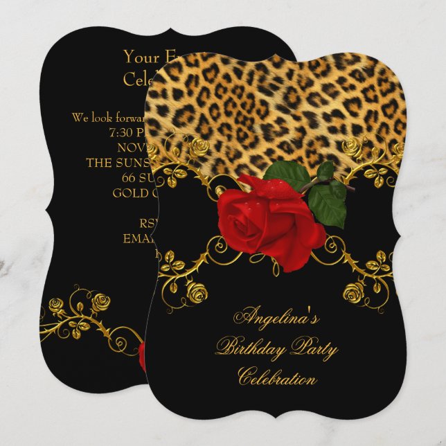 Leopard Roses Red Black Gold Birthday Party 2 Invitation (Front/Back)