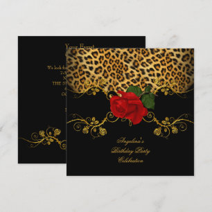 Leopard Roses Red Black Gold Birthday Party Invitation