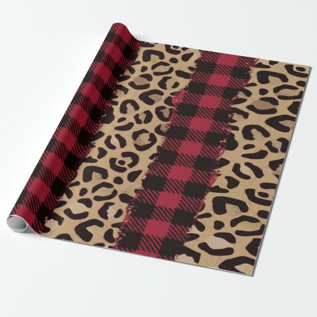 Leopard Safari Buffalo Plaid Christmas Wrapping Paper (Unrolled)