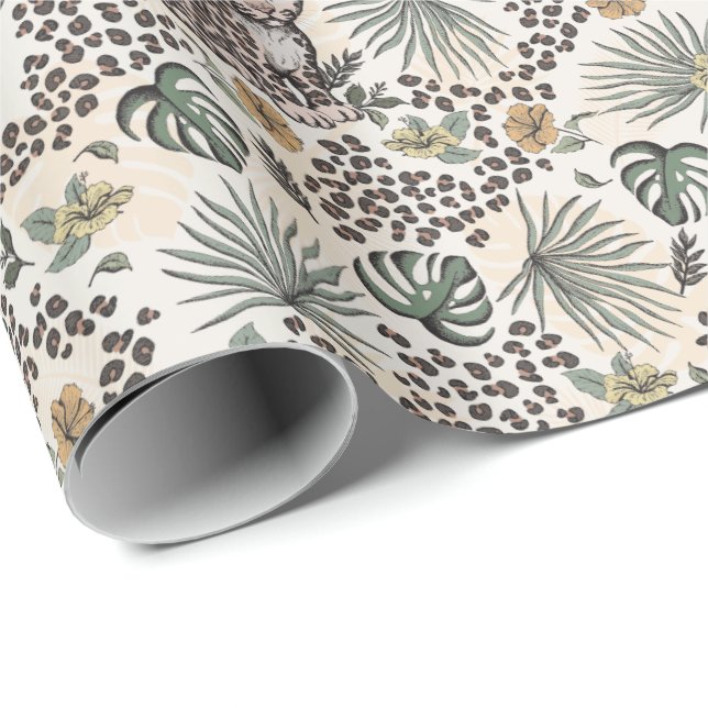 Leopard Safari Kids Floral Jungle Pattern Wrapping Paper (Roll Corner)