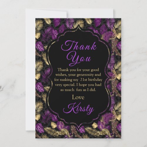 Leopard Safari Palm Leaves Purple Gold Birthday Thank You Card