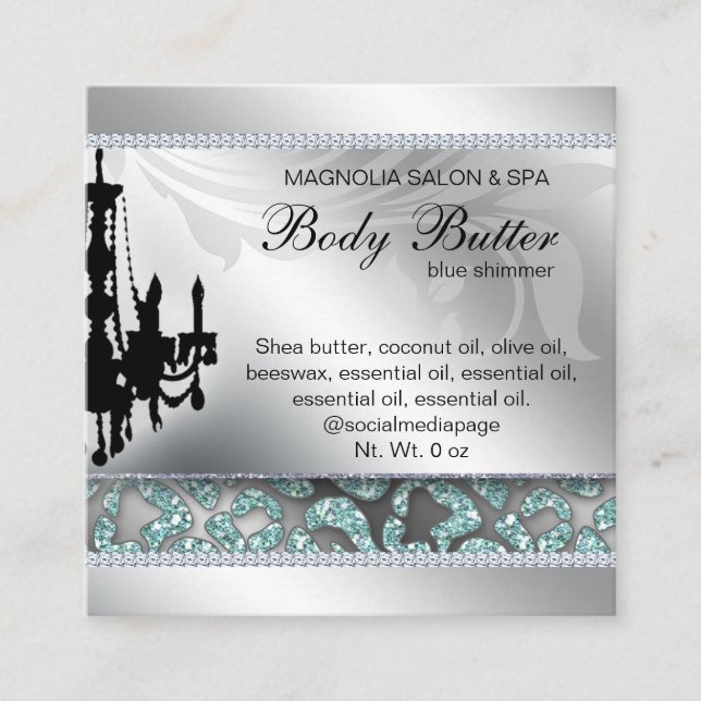 Leopard Salon Silver Blue Chandelier Square Business Card (Front)