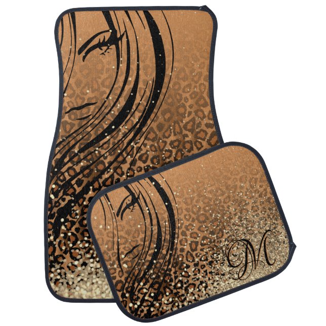 Leopard - Silhouette Lady | Brown  & Gold Glitter  Car Floor Mat (Set)