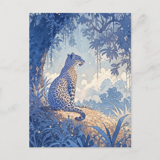 Leopard Sitting in Misty Indigo Watercolor Forest Postcard (Front)