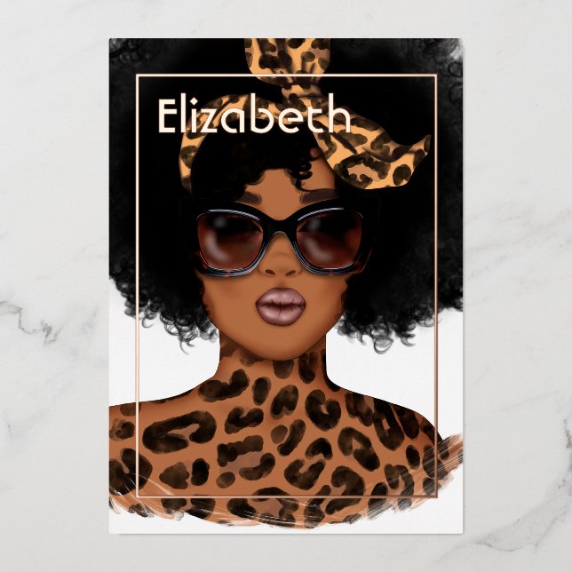 Leopard Skin Afro Birthday Party Foil Invitation (Front)