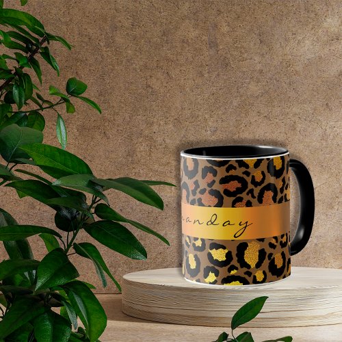 Leopard Skin Black Honey Gold Stripe Name Glam Mug