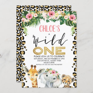 Leopard Skin Floral Wild One Birthday Invitation