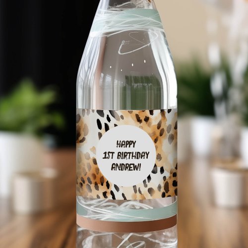 Leopard skin pattern Safari themed Boy 1st birthd Water Bottle Label