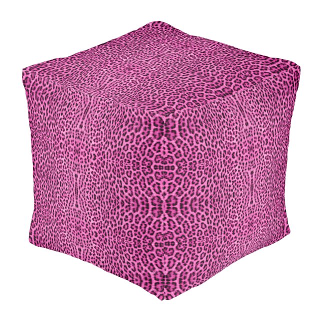Leopard Skin Print Girly Pink Fur Pouf (Angled Front)
