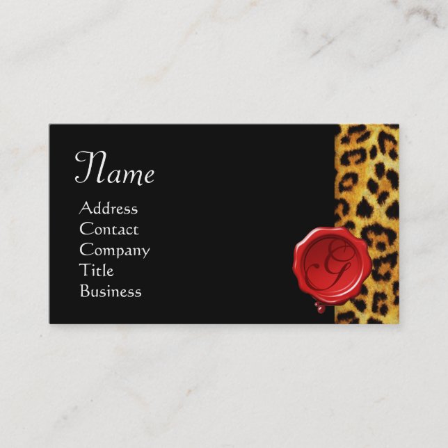 LEOPARD SKIN ,RED WAX SEAL MONOGRAM ,Black Business Card (Front)
