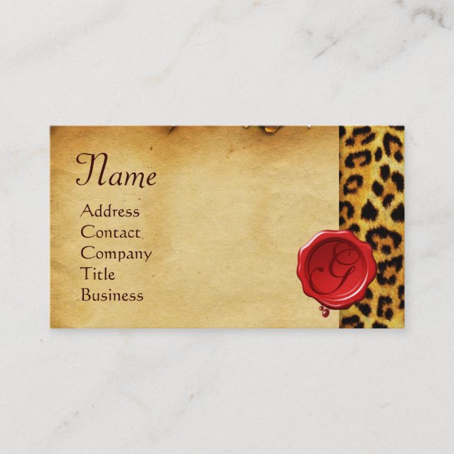 LEOPARD SKIN ,RED WAX SEAL PARCHMENT Monogram Business Card (Front)