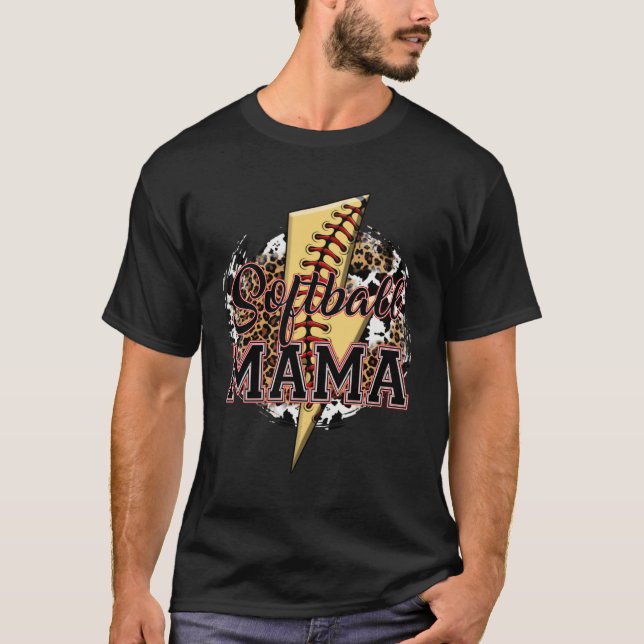 Leopard Softball Mama Lightning Bolt Sport Mom Mot T-Shirt (Front)