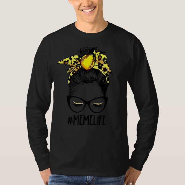 Leopard Softball Meme Life Messy Bun Game Day Moth T-Shirt (Front)