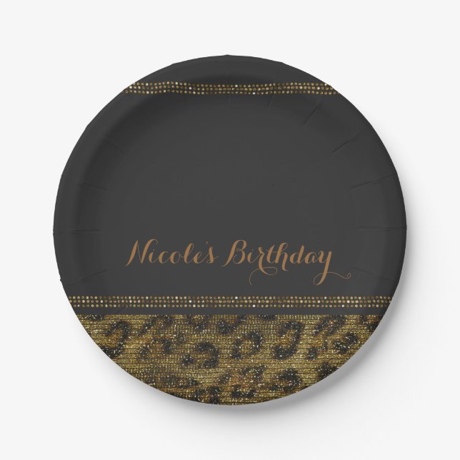 Leopard Sparkle Sequins Glam Chic Modern Party Paper Plates (Front)