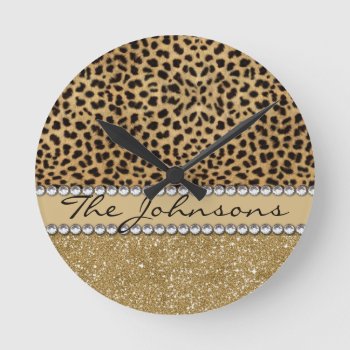 Leopard Spot Family Last Name Round Clock by ironydesigns at Zazzle
