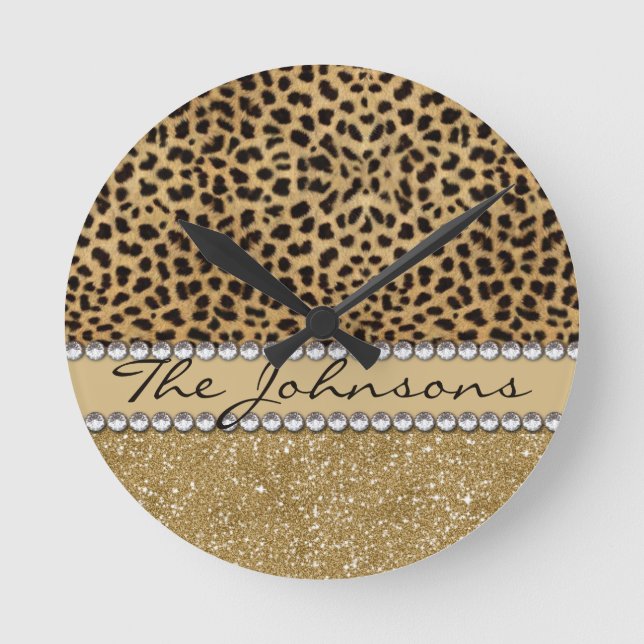 Leopard Spot Family Last Name Round Clock (Front)