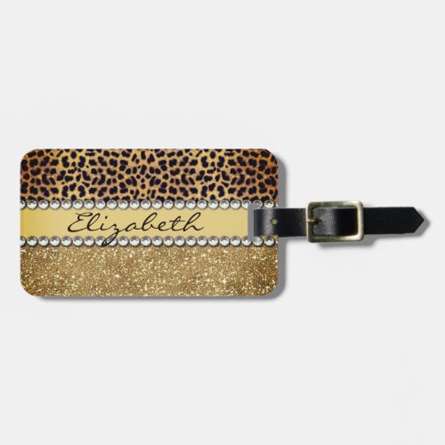 Leopard Spot Gold Glitter Rhinestone Add Name Luggage Tag