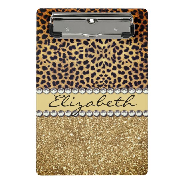 Leopard Spot Gold Glitter Rhinestone Fancy Mini Clipboard (Front)