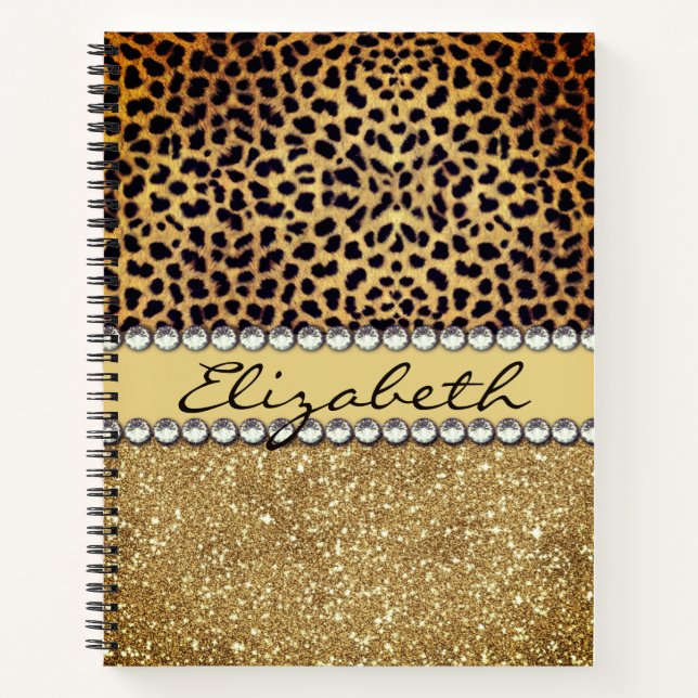 Leopard Spot Gold Glitter Rhinestone Fancy Notebook (Front)