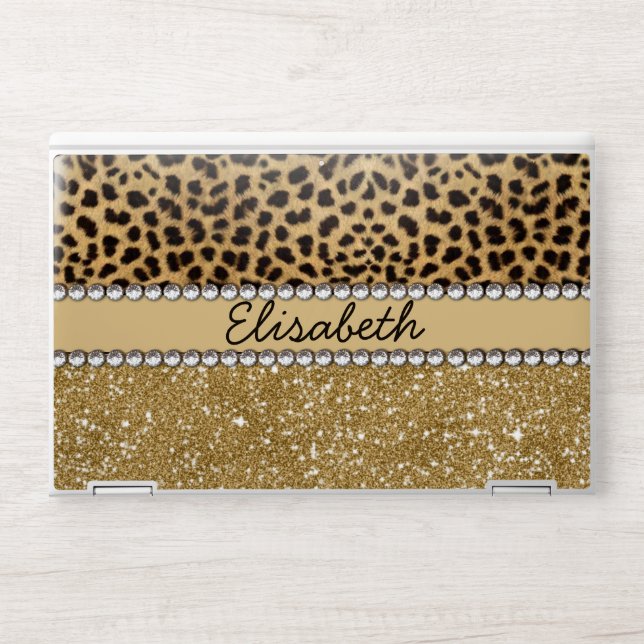 Leopard Spot Gold Glitter Rhinestone HP Laptop Skin (Front)