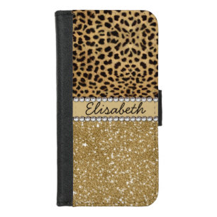 Leopard Spot Gold Glitter Rhinestone iPhone 8/7 Wallet Case