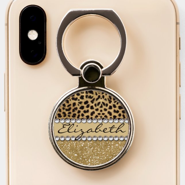 Leopard Spot Gold Glitter Rhinestone Love Phone Ring Stand (Close Up)