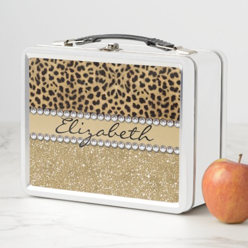 Leopard Spot Gold Glitter Rhinestone Metal Lunch Box