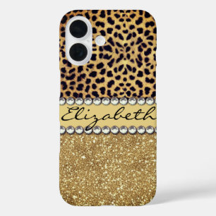 Leopard Spot Gold Glitter Rhinestone Personalize iPhone 16 Case