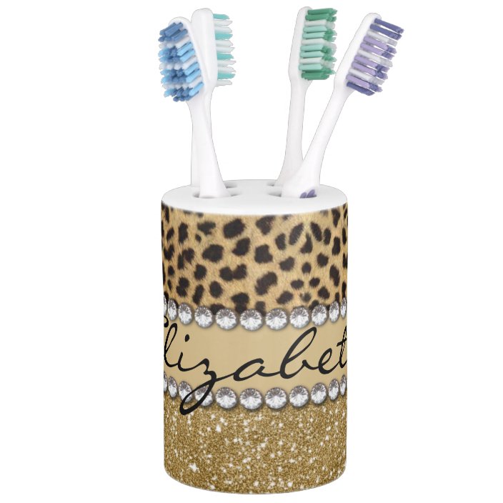 Leopard Spot Gold Glitter Rhinestone Photo Print Bathroom Set Zazzle Com