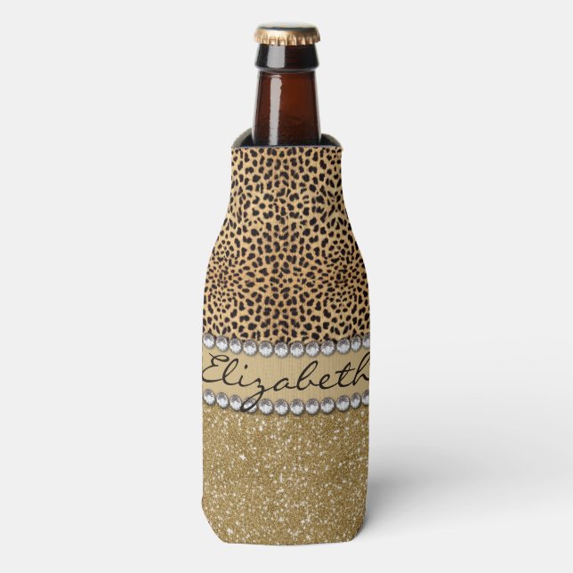 Leopard Spot Gold Glitter Rhinestone PHOTO PRINT Bottle Cooler (Bottle Front)