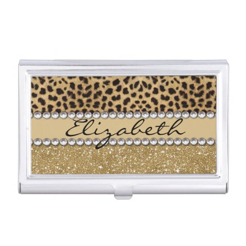 Leopard Spot Gold Glitter Rhinestone PHOTO PRINT Business Card Holder