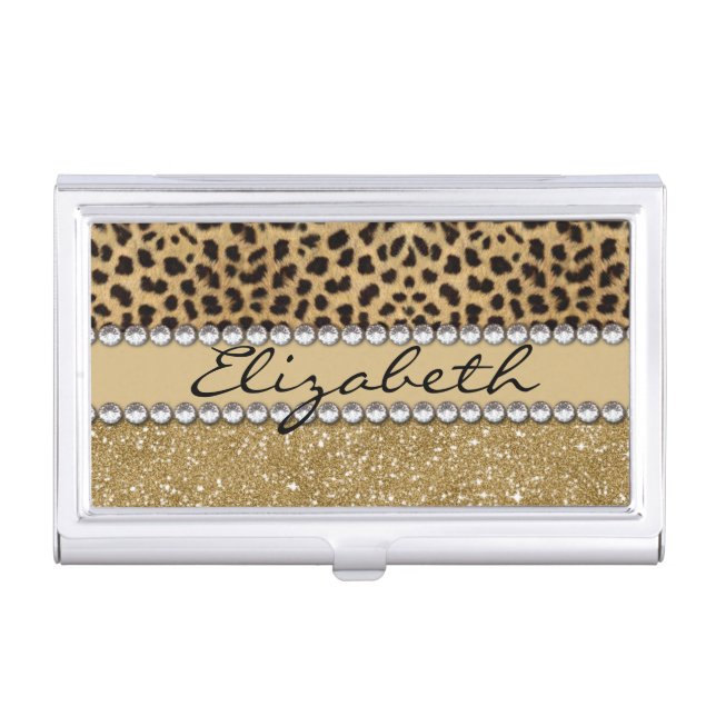 Leopard Spot Gold Glitter Rhinestone PHOTO PRINT Business Card Holder (Front)