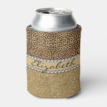 Leopard Spot Gold Glitter Rhinestone Photo Print Can Cooler by ironydesigns at Zazzle
