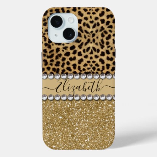 Leopard Spot Gold Glitter Rhinestone PHOTO PRINT iPhone 15 Case