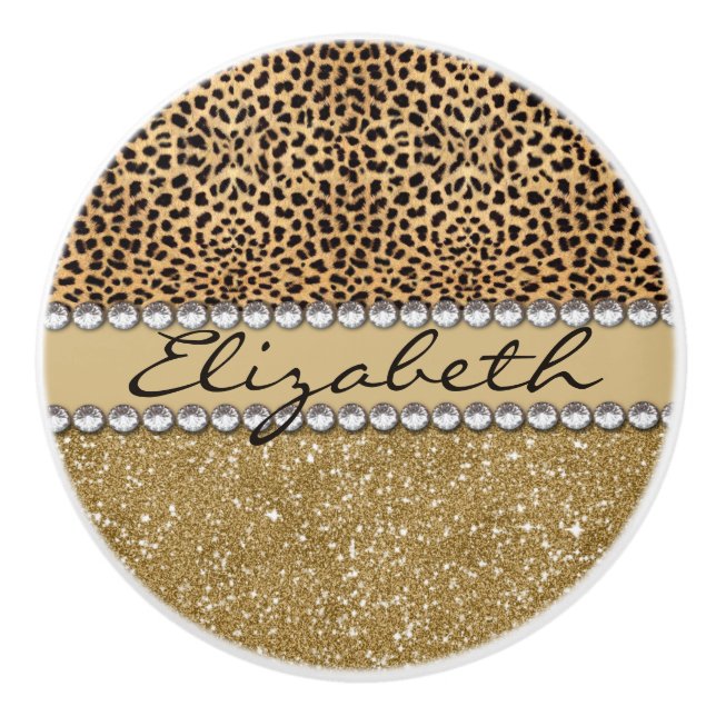 Leopard Spot Gold Glitter Rhinestone PHOTO PRINT Ceramic Knob (Front)