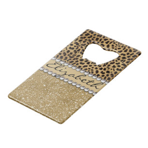 Leopard Spot Gold Glitter Rhinestone PHOTO PRINT Credit Card Bottle Opener