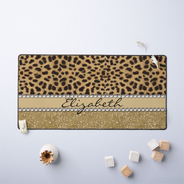 Leopard Spot Gold Glitter Rhinestone PHOTO PRINT Desk Mat (Kids Table)