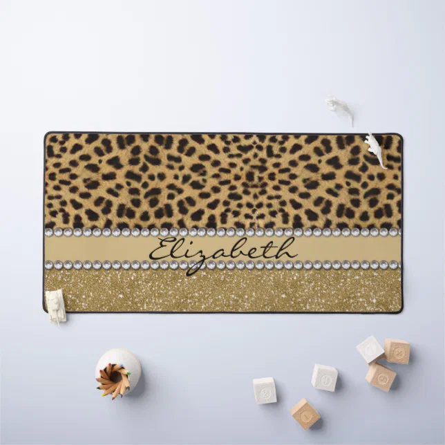 Leopard Spot Gold Glitter Rhinestone PHOTO PRINT Desk Mat Zazzle