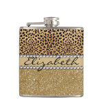 Leopard Spot Gold Glitter Rhinestone Photo Print Flask at Zazzle